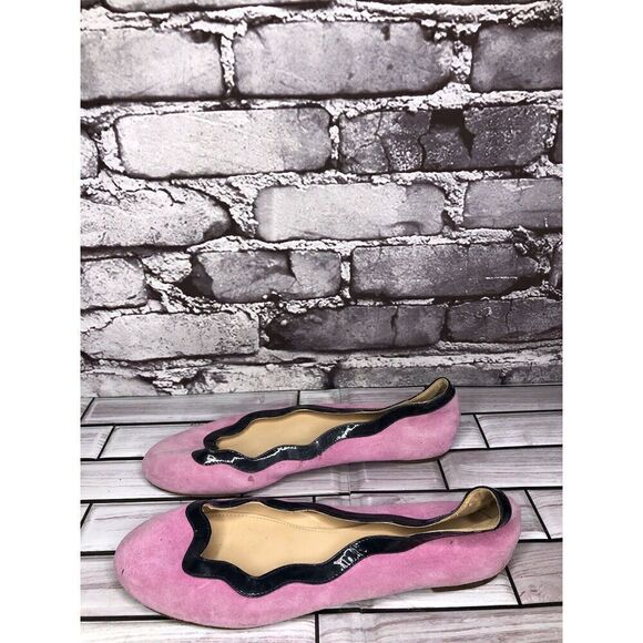 J.CREW Pink Suede Leather Blue Scalloped Ballet Flats Shoes Women’s 5B US/35.5EU - Picture 1 of 15